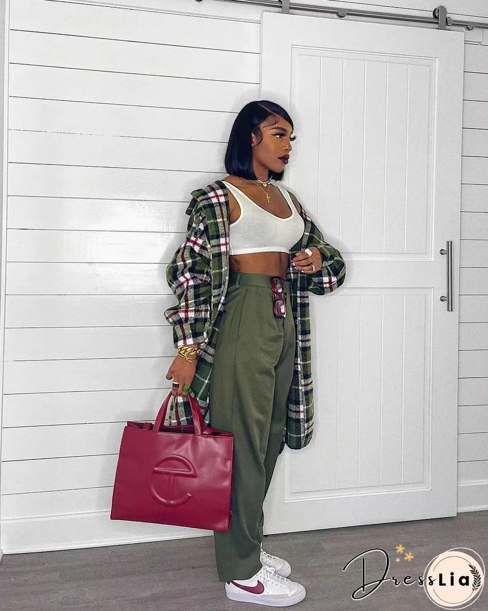 Streetwear Woolen Loose Long Plaid Shirt Coat