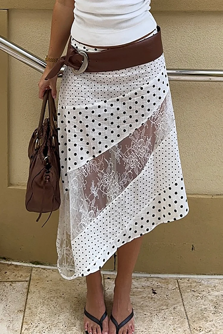 Polka Dot Print Lace Patchwork Asymmetrical Midi Skirt-White