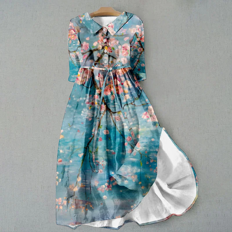 Vintage Flower Print Waist Tie-Up Midi Dress