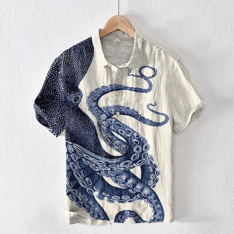 Japanese Art Octopus Printed Short Sleeve Shirt