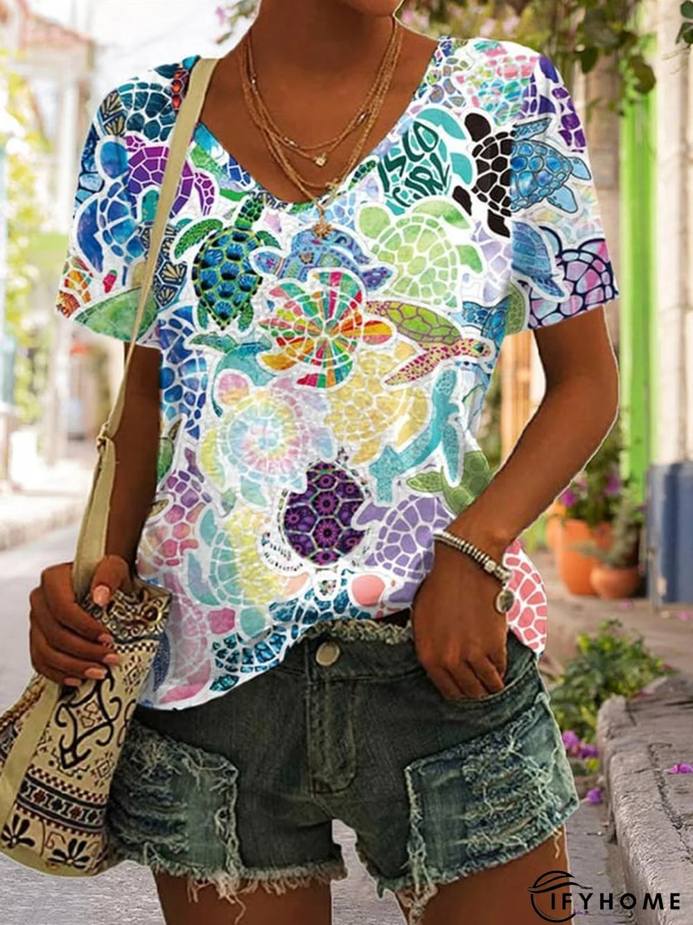 Holiday Turtle Print Short Sleeve Top | IFYHOME