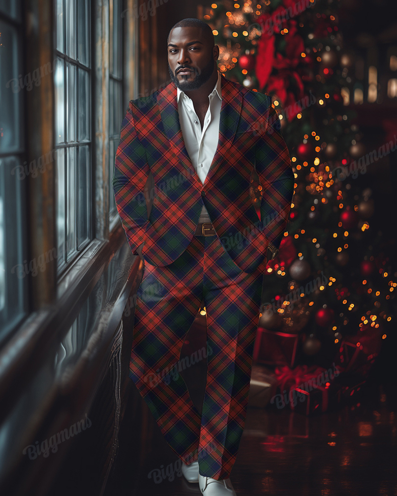 Men's Plus Size Christmas Red & Green Plaid Party Blazer Suit