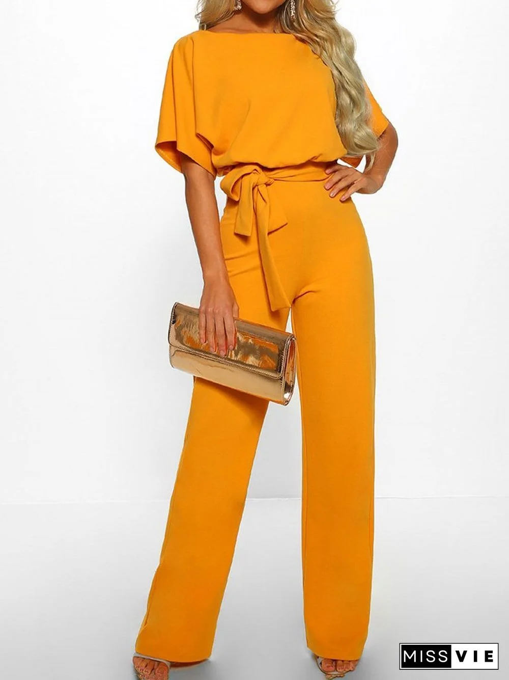 Solid Lace-up Short-sleeved Women's Jumpsuit