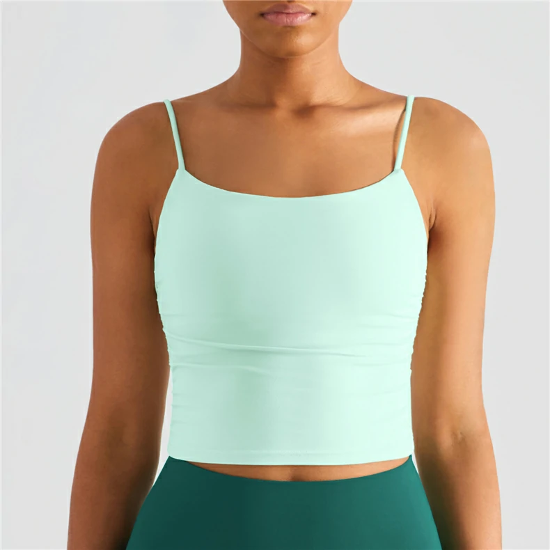 Types of pale mint green scrunch sides u back nude feeling spaghetti strap gym cropped tank top with pads at a great price on Hergymclothing