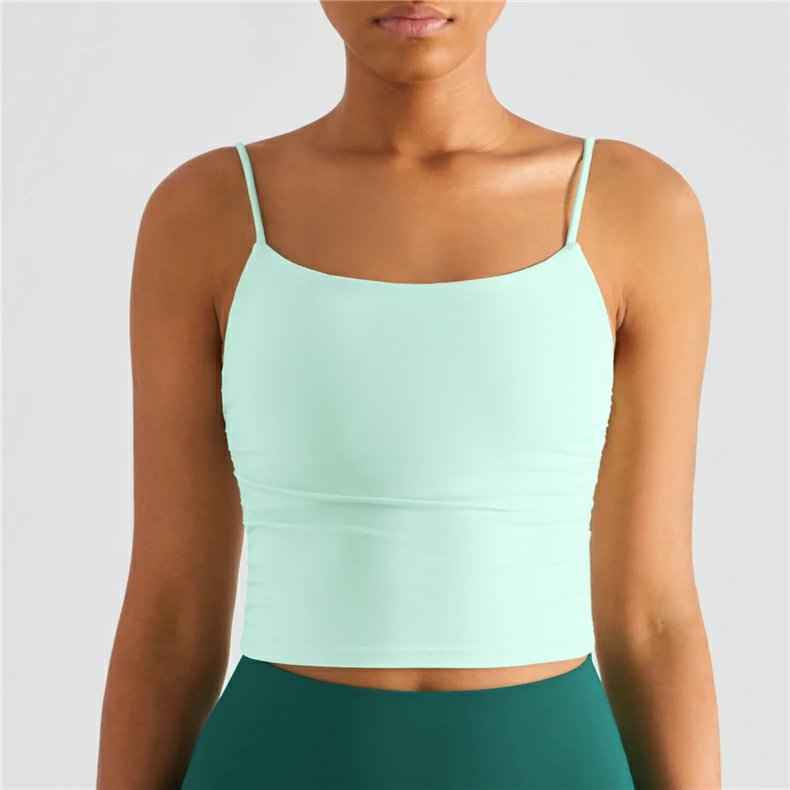 Types of pale mint green scrunch sides u back nude feeling spaghetti strap gym cropped tank top with pads at a great price on Hergymclothing