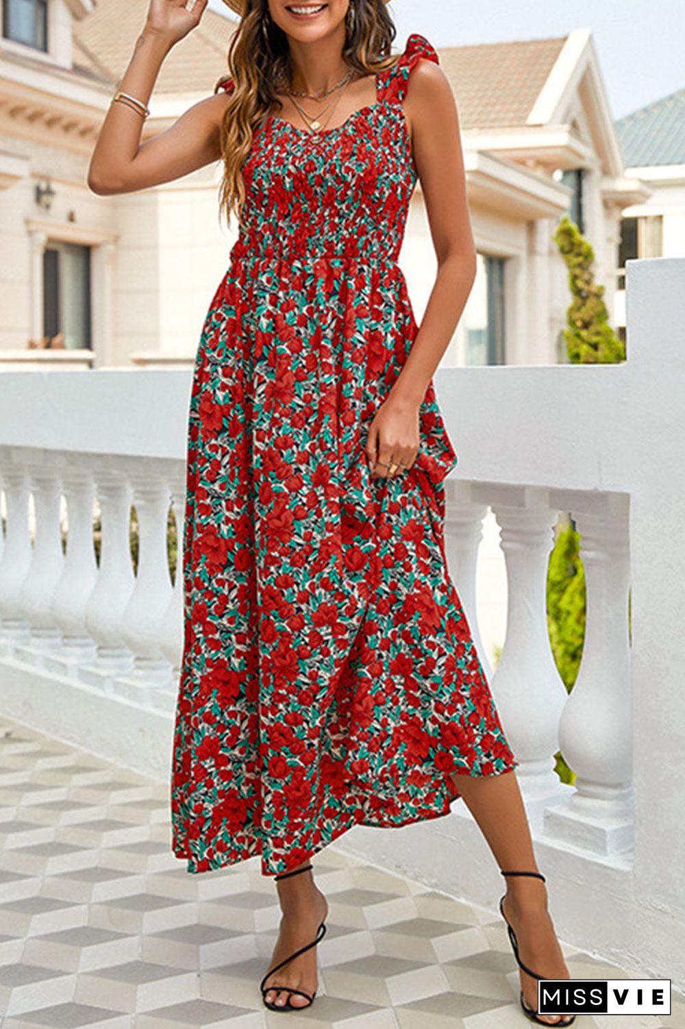 Fashion Elegant Print Split Joint Spaghetti Strap A Line Dresses