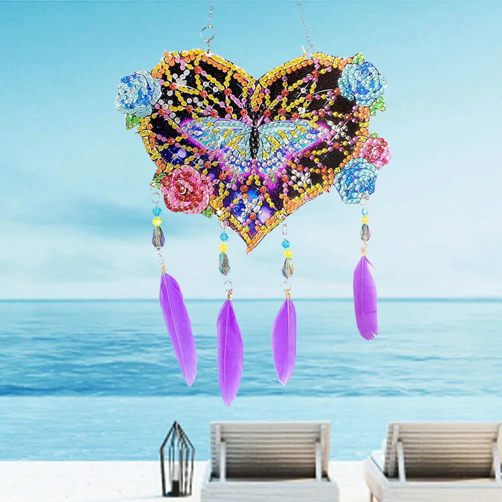 DIY Butterfly Flower Double Sided Feather Wind Chime Diamond Painting Hanging Pendant for Wall Decor