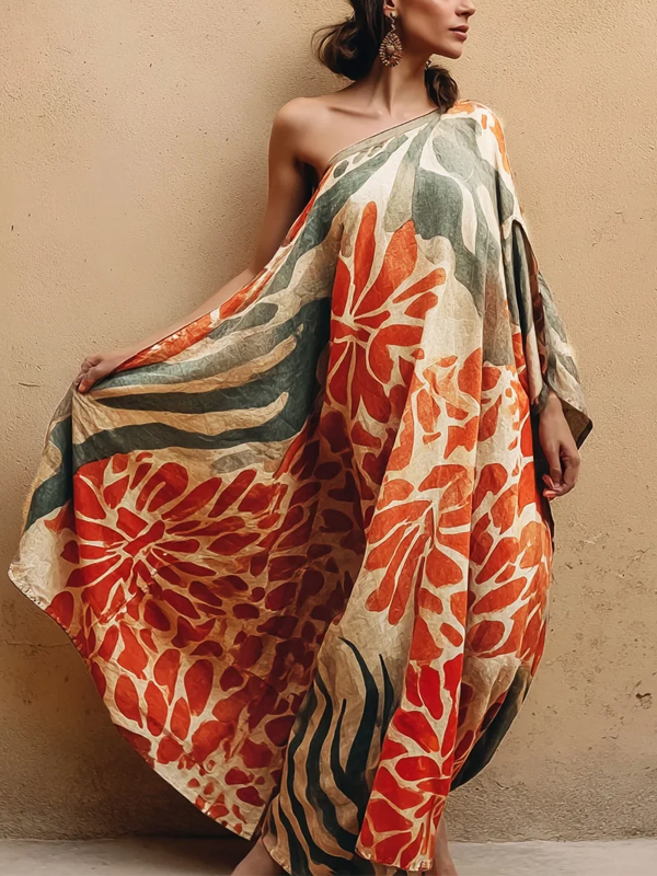 Orange One-shoulder Cotton And Linen Print Maxi Dress