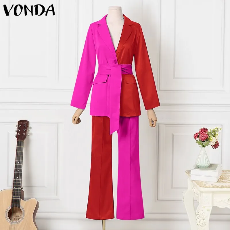 2022 Autumn Long Sleeve Office Formal Suit Thin Blazers VONDA Women Lapel Coats Color Patchwork Wide Leg Pants 2pcs no lining