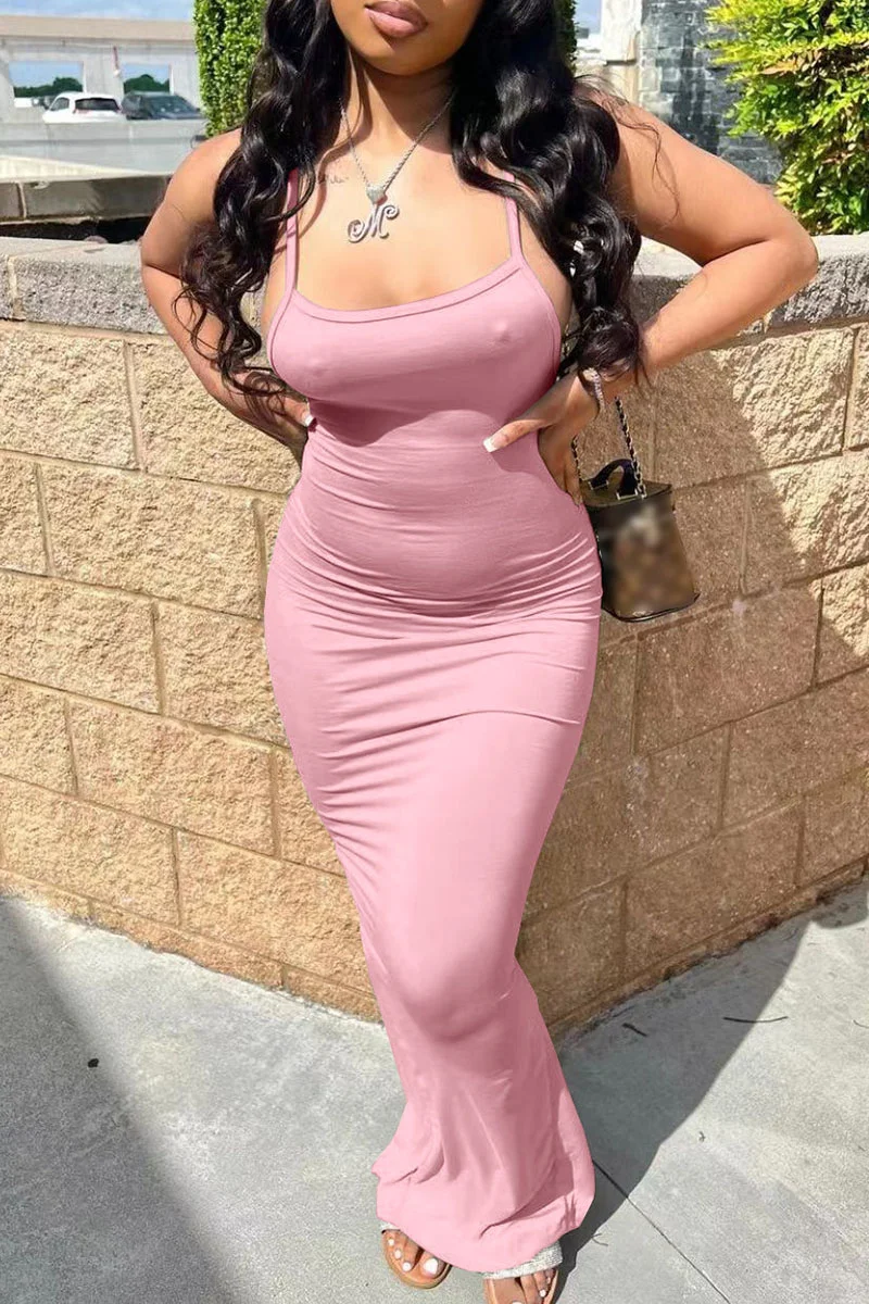 Pink Sexy Casual Solid Backless Slit Spaghetti Strap Long Dress | EGEMISS
