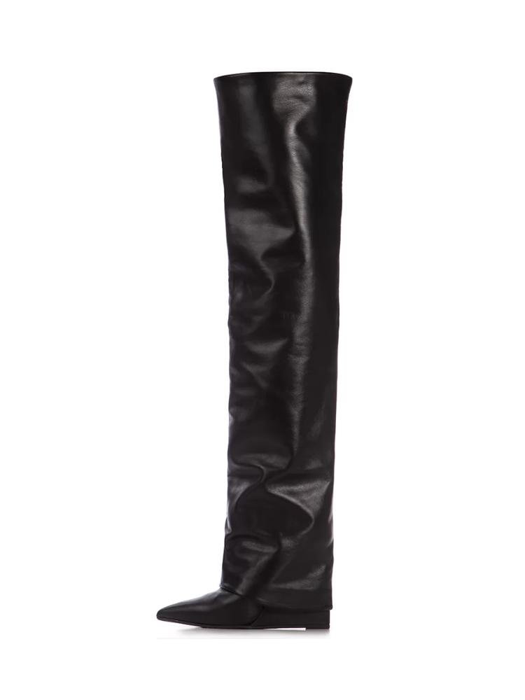 Black Wide Calf Thigh High Wedge Heel Point Toe Boots