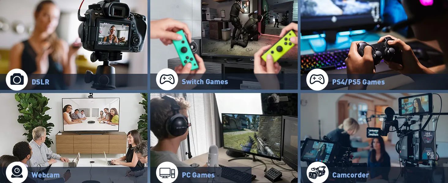 Capture card compatibility: DSLR, Switch/PS4/PS5, Webcam, PC, Camcorder