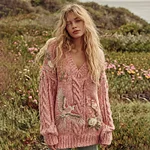 Vintage Boho Roses And Birds Art Chunky Knit Cozy Sweater - Image 2