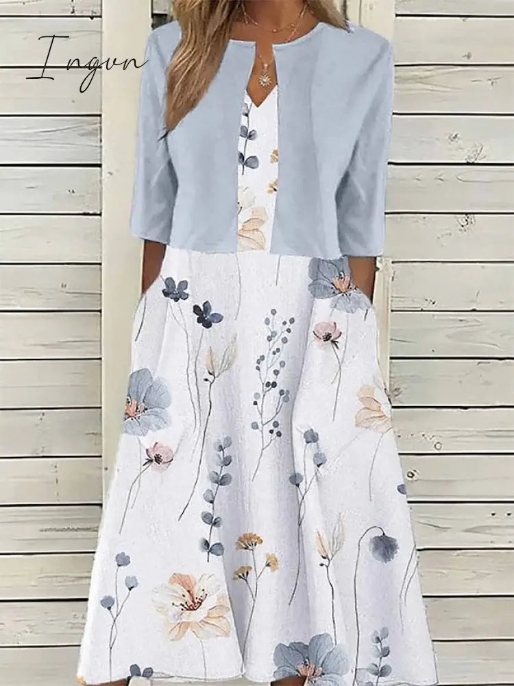 Ingvn - Women’s Two Piece Dress Set Casual Print Outdoor Daily Fashion Elegant Pocket Midi V Neck