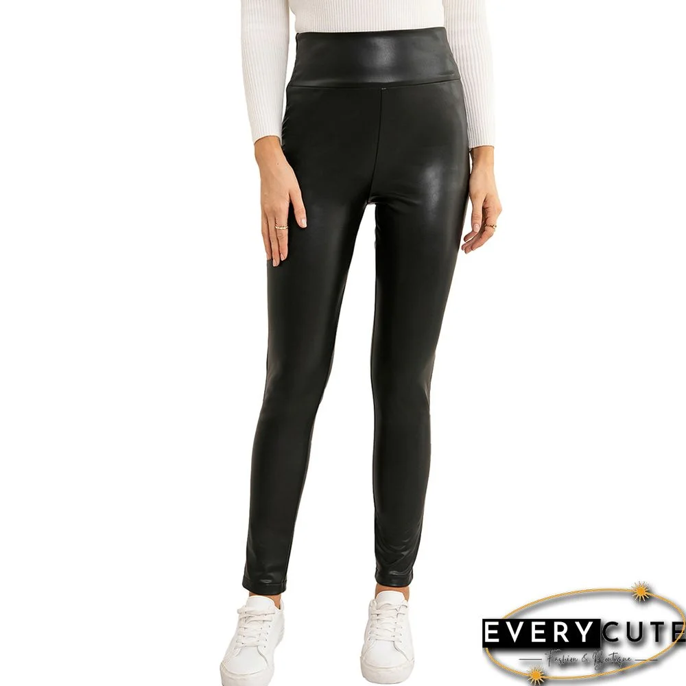 Black PU High Waist Motorcycle Leather Pants