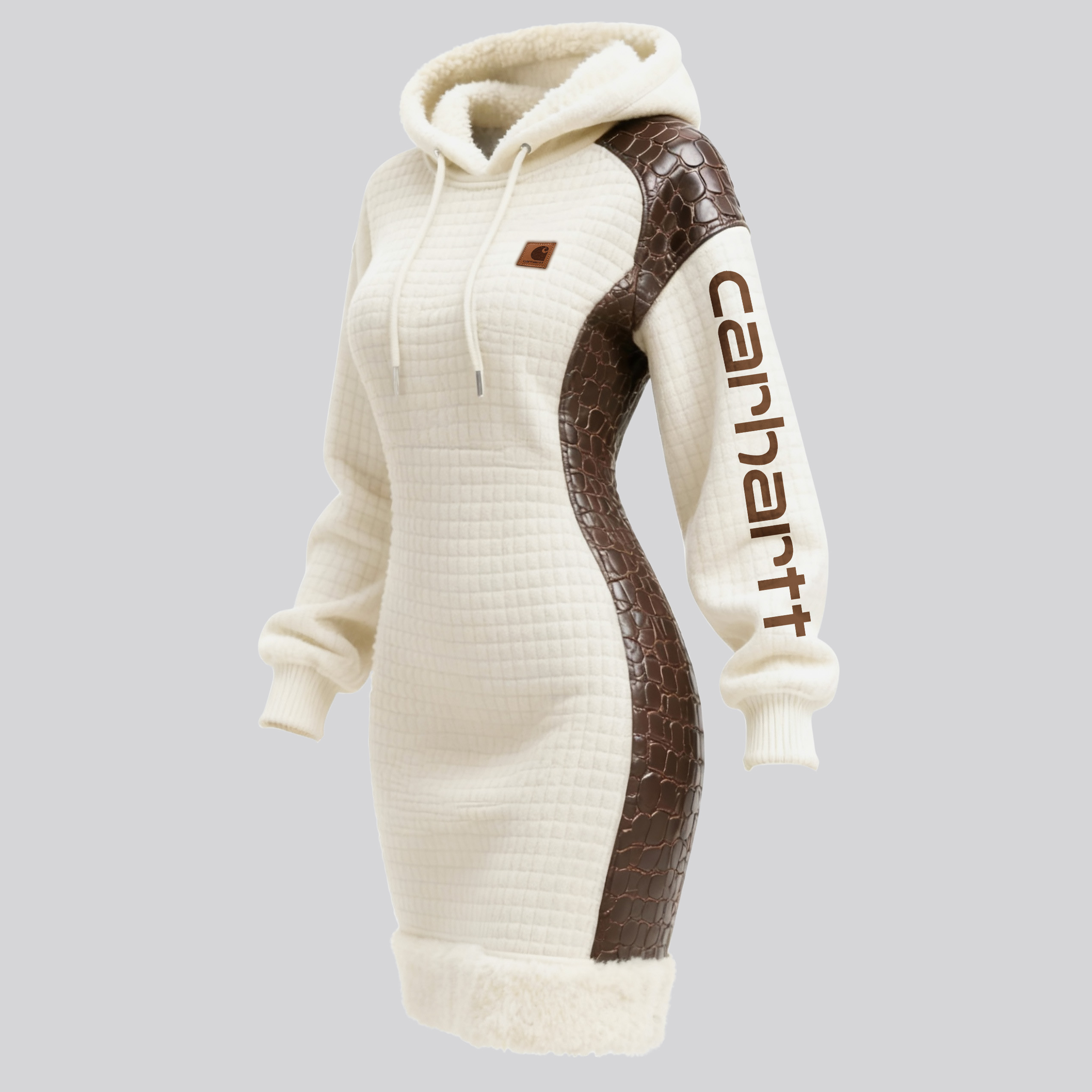 Women's Contrast Color Stitching Suede Lambswool Lapel Hooded Long Sweatshirt