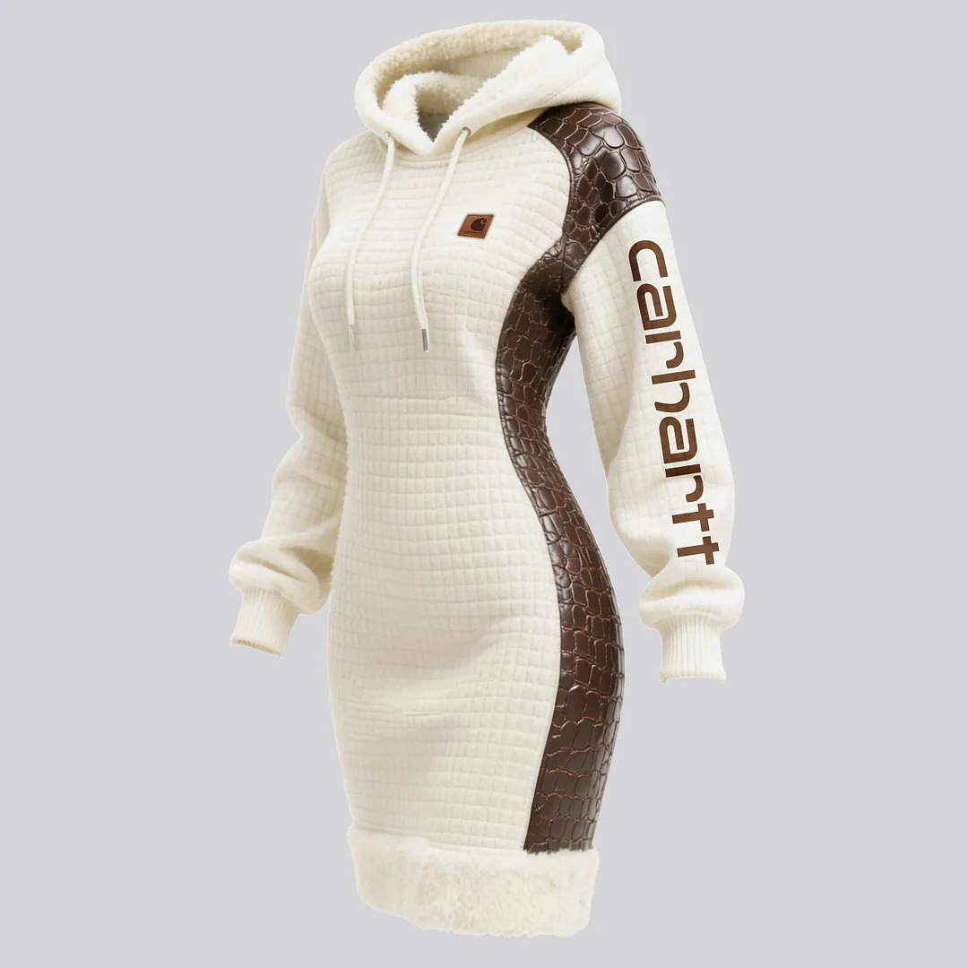 Women's Contrast Color Stitching Suede Lambswool Lapel Hooded Long Sweatshirt