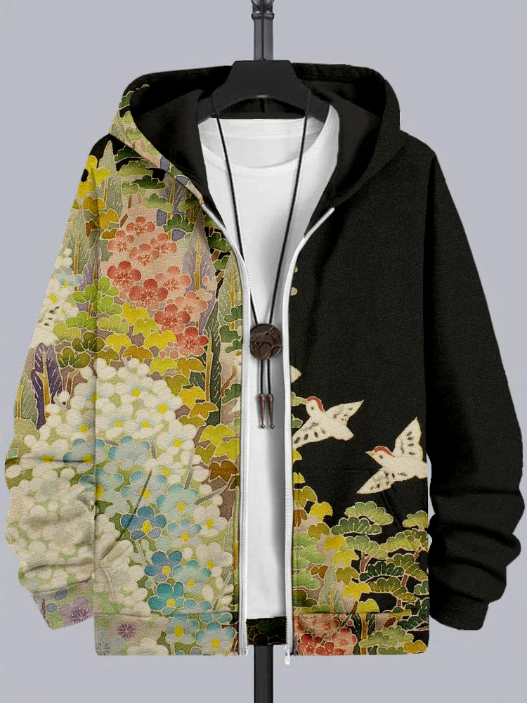 Men's Japanese Art Painting Pattern Comfy Full Zip Hoodie