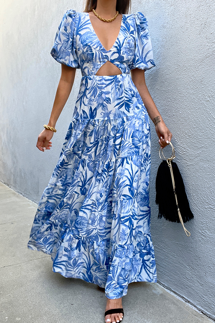 Vacation Printed Open Back Puff Sleeve Maxi Dresses
