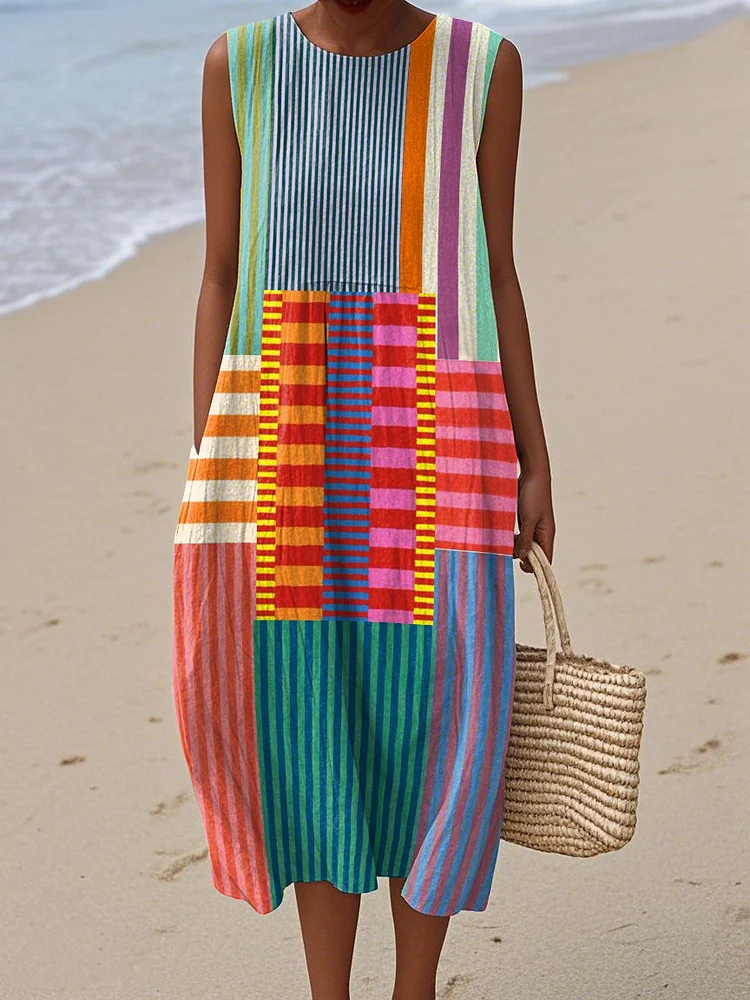 Women's Retro Abstract Geometric Print Cotton and Linen Dress