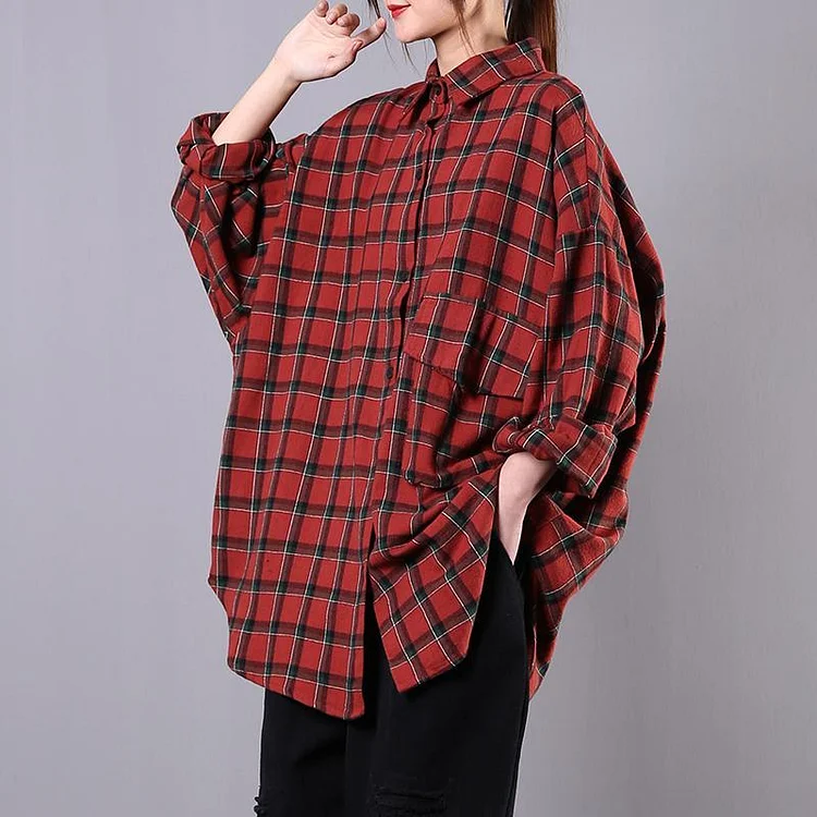 Art red plaid cotton clothes lapel pockets oversized shirts