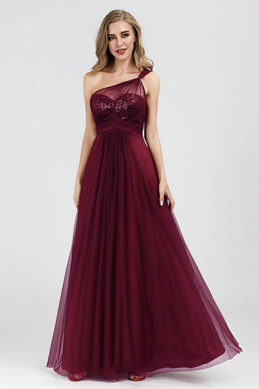 Stunning One Shoulder Burgundy Prom Dress Tulle Sequins Evening Party Gowns - lulusllly
