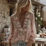 Women's Bohemian Style Pink Rose Art Linen Blend T-shirt - Image 2