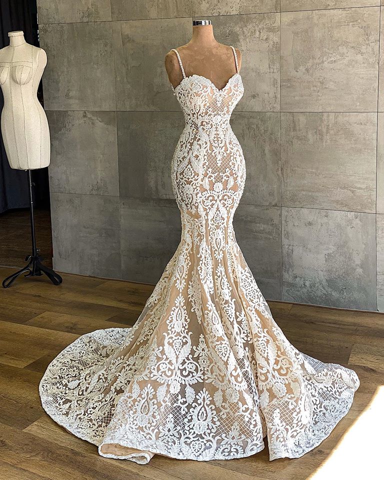 A-Line Spaghetti Straps Floor-Length Sweetheart Appliques Wedding Dresses with Lace