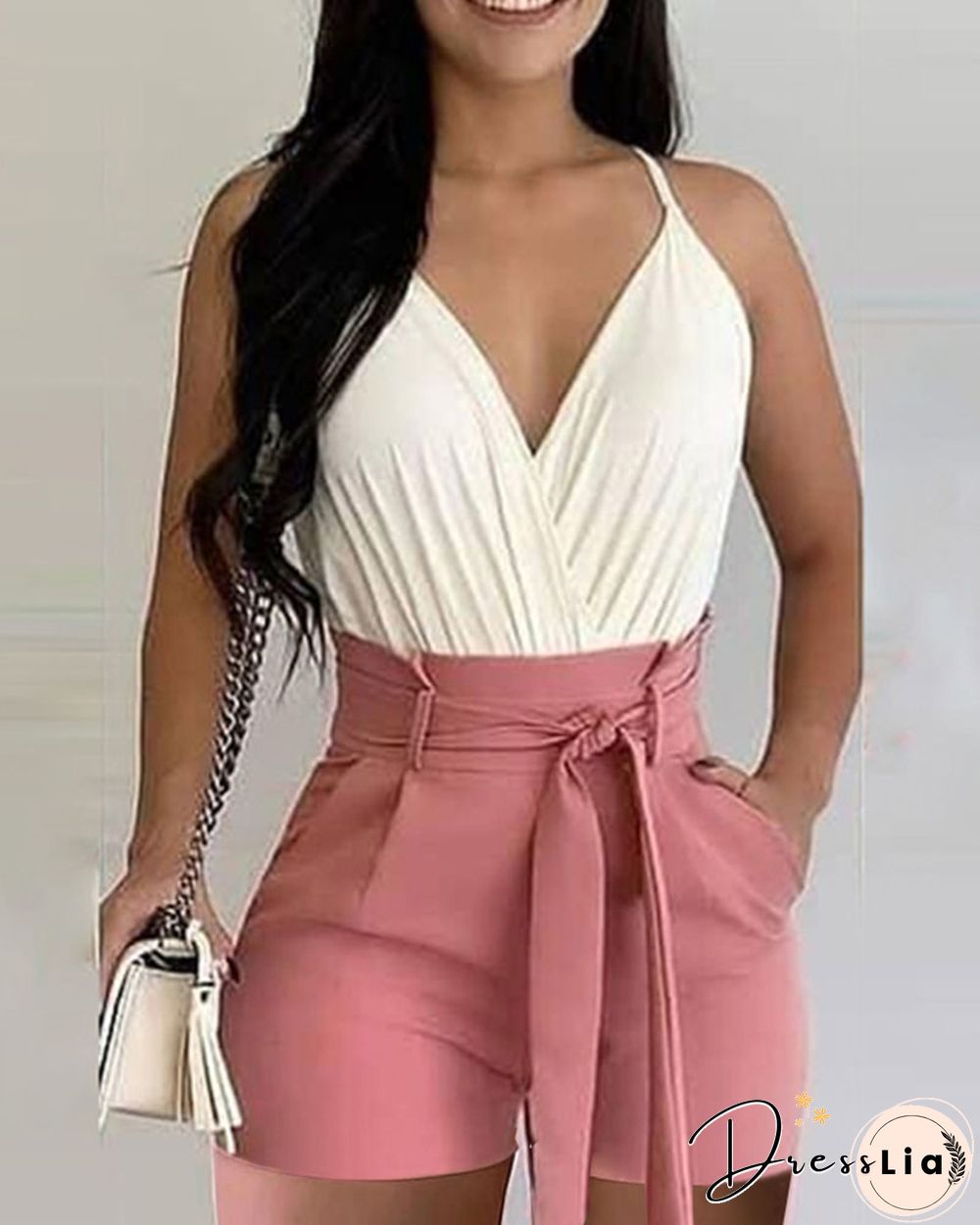 Solid Color V-Neck Sleeveless Belted Waist Shorts Suit Set