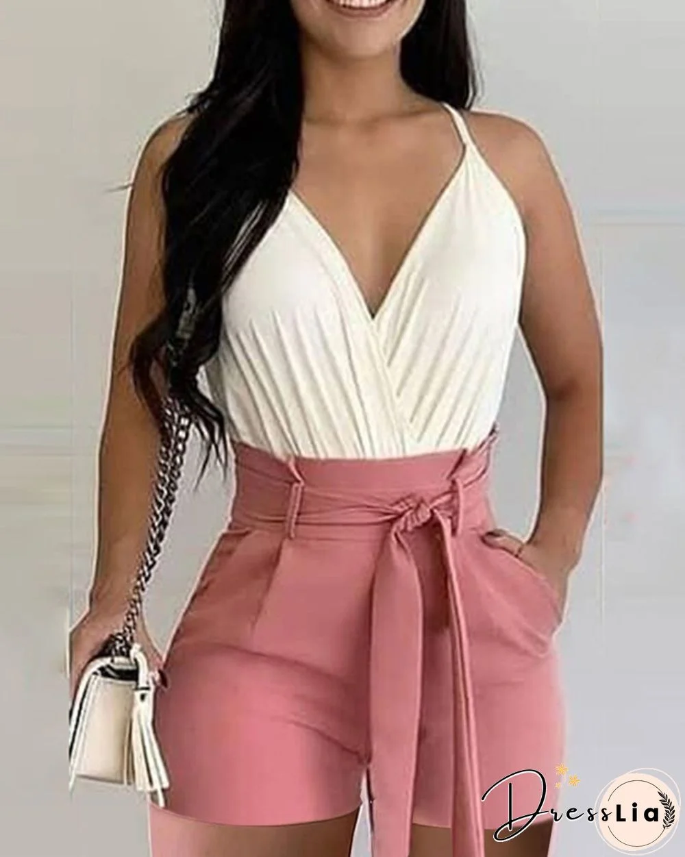 Solid Color V-Neck Sleeveless Belted Waist Shorts Suit Set