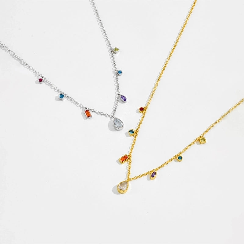 925 Sterling Silver Zircon Cable Chain Water Droplets Pendant Necklace