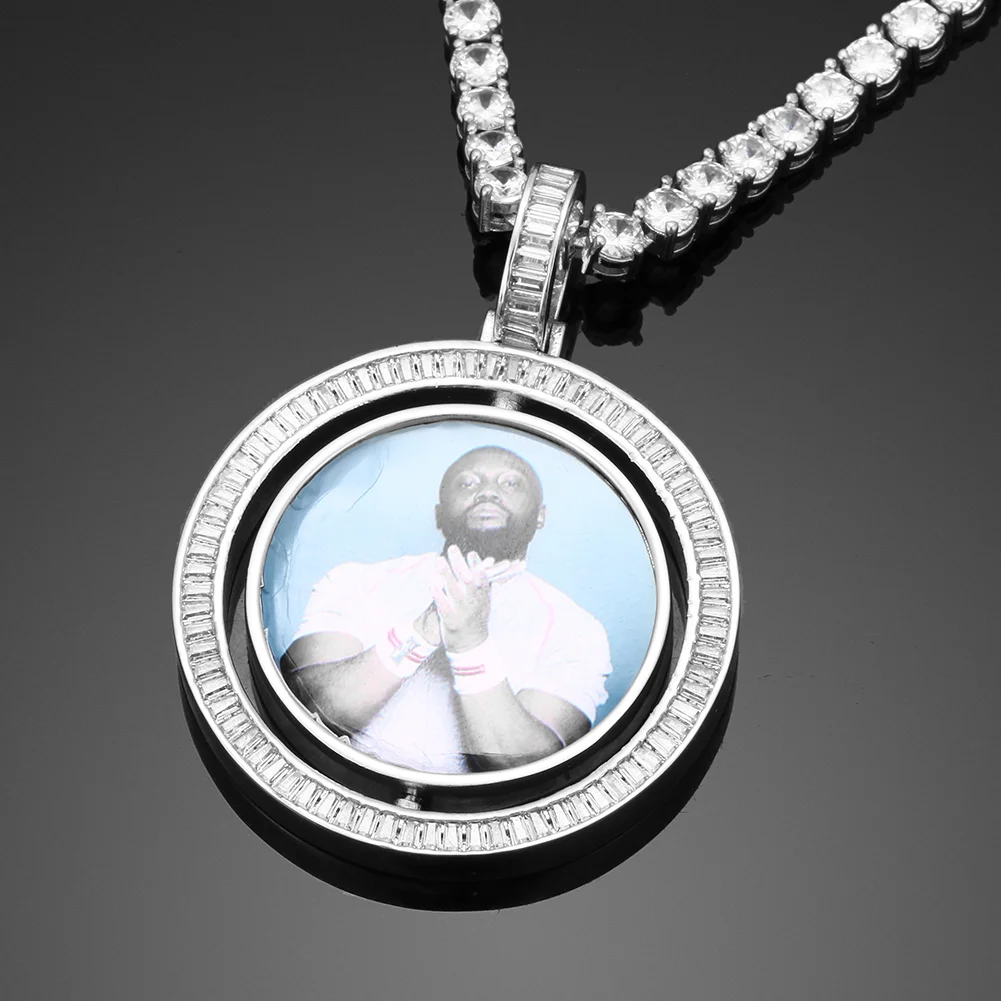 Custom Photos Iced Out Baguette Round Rotating Double-side Pendant Necklace-VESSFUL