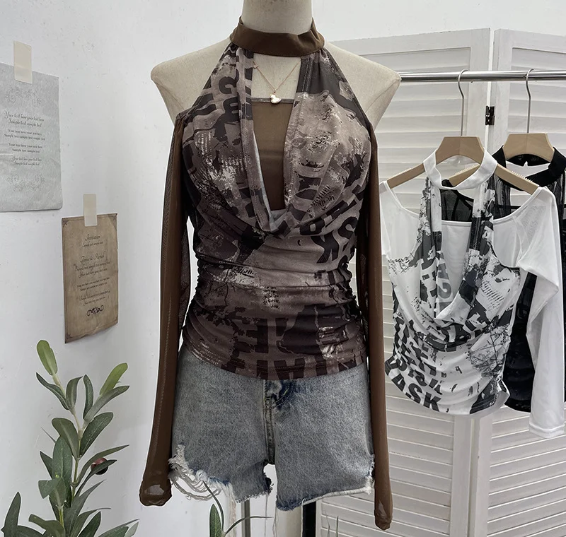 Nigikala Nigikala Hottie Hanging Neck A Word Shoulder Collar Long Sleeve Mesh Yarn T-Shirt 1331