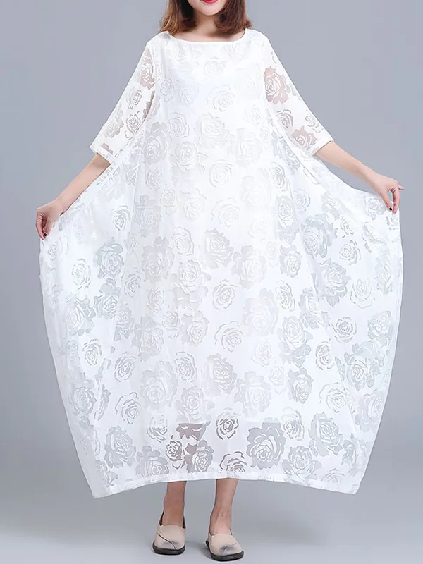 Solid Color See-Through Flower Print Loose Half Sleeves Round-Neck Midi Dresses