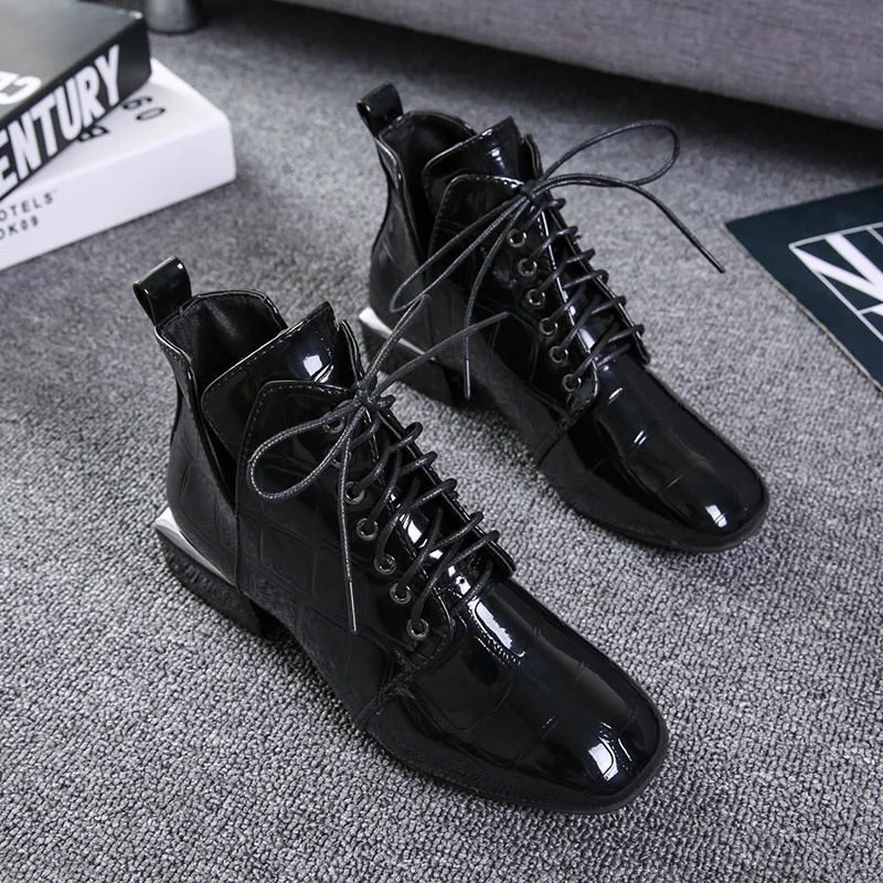 2021 Chic Women Boots Shiny PU Leather Autumn Winter Shoes Woman Spuare Toe Block Heels Ankle Boots Female Botas Zapatos Mujer