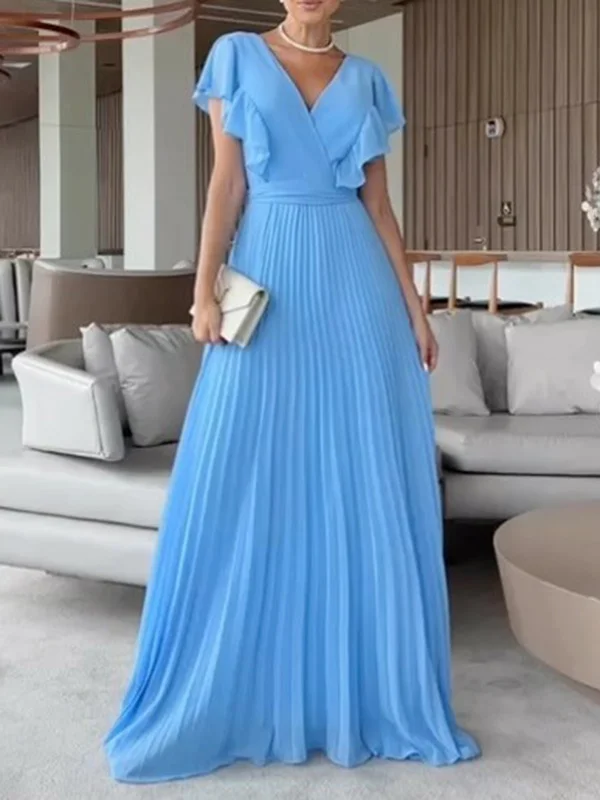 Pleated Ruffled Solid Color Short Sleeves V-Neck Maxi Dresses