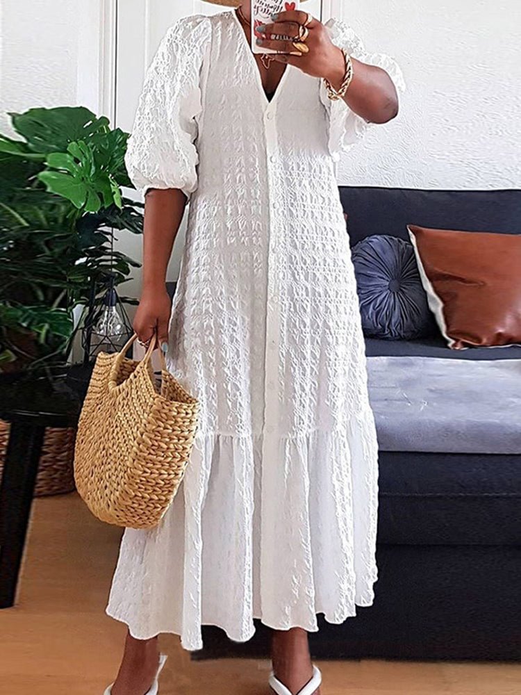 Large size solid color half sleeve puff sleeve women's dress SKUH68911 QueenFunky
