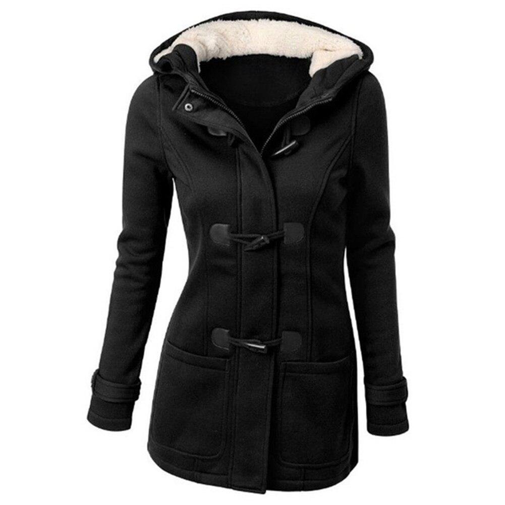 Plus Size Winter Fashion Women Solid Color Horn Buckle Hooded Long Sleeve Coat Solid Color Easy to Match with Gifts Women Coats