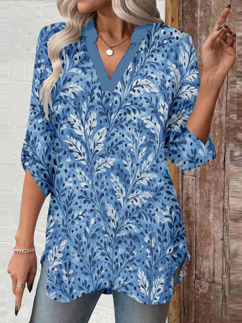 Women Leaves, Blue DZGA0173 3/4 Sleeve V-neck Printed Graphic Button Tops