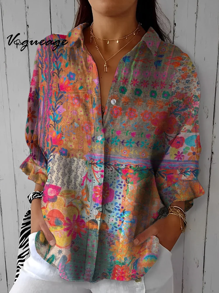 Retro Elegant Floral Plant Pattern Printed Cotton And Linen Women Shirt