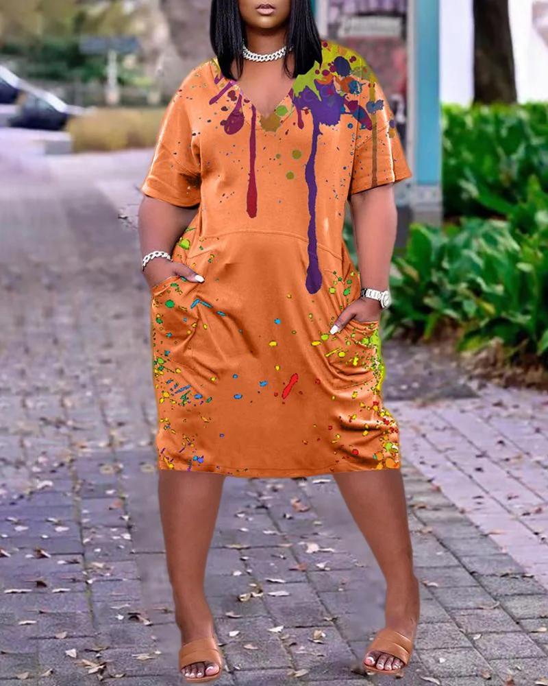 Colorblock Short Sleeve Pocket Design Casual Dress
