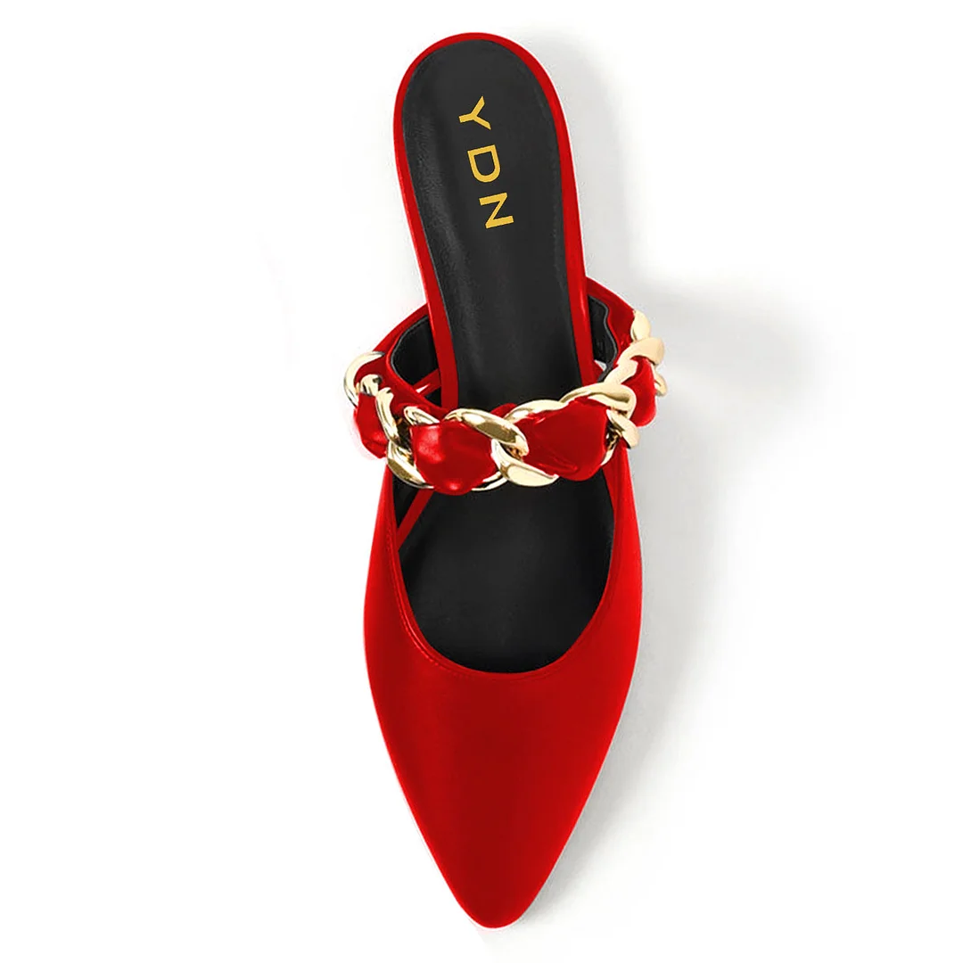 Red Satin Pointed Gold Chain Strap Flat Pumps for Elegant Ladies