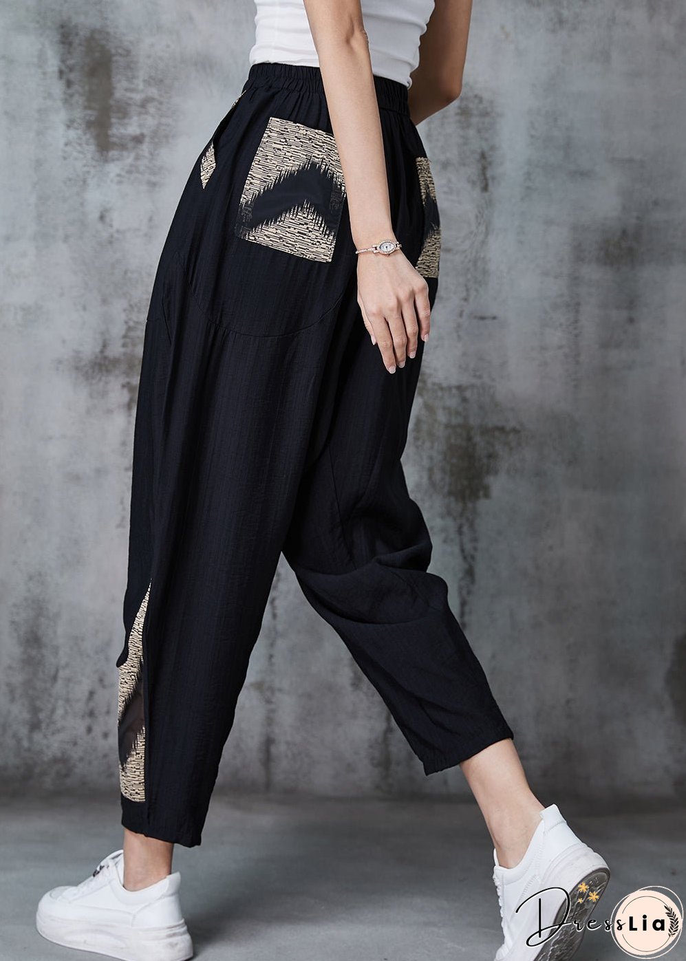 Khaki Tie Dye Cotton Harem Pants Oversized Pockets Spring