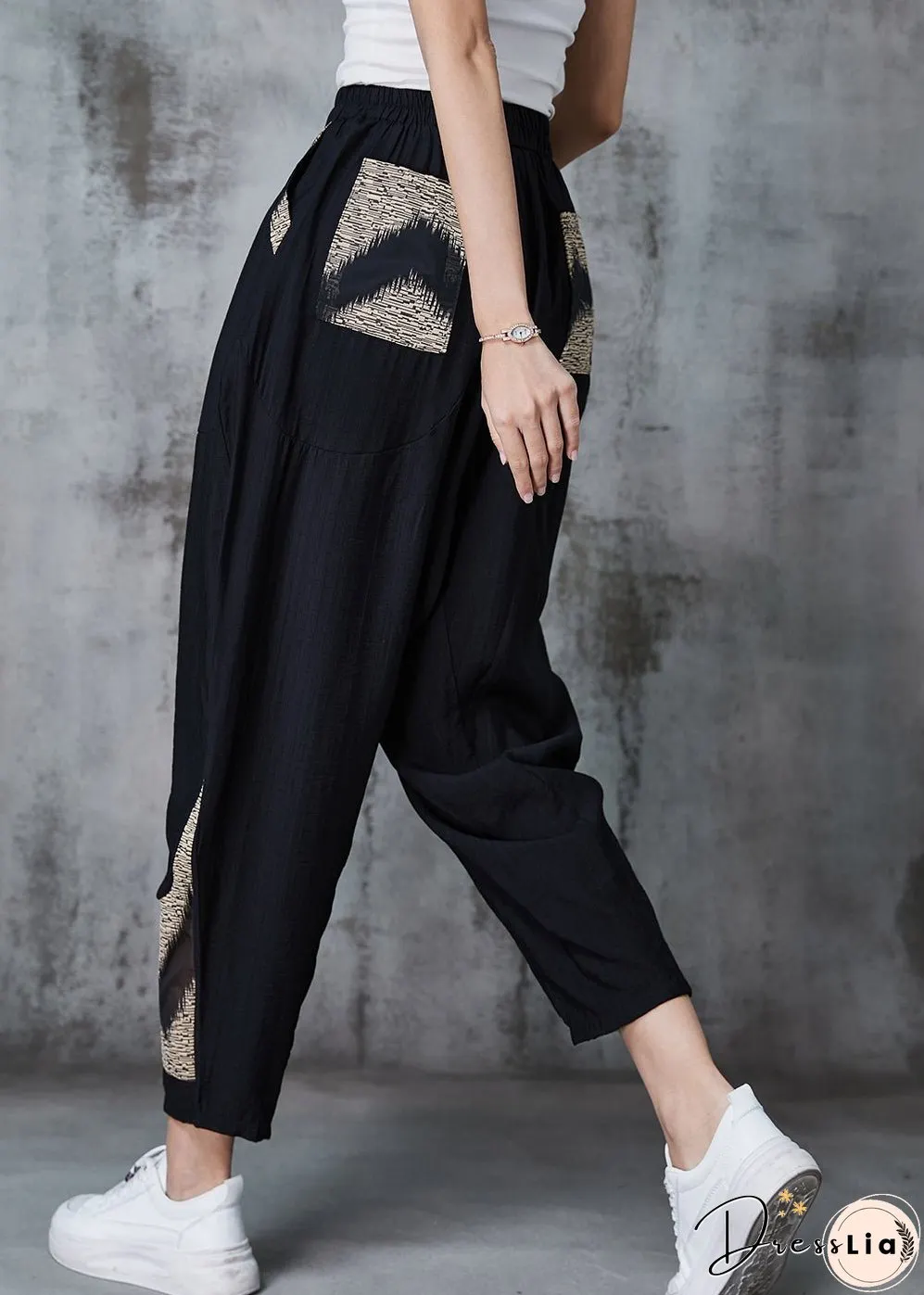 Khaki Tie Dye Cotton Harem Pants Oversized Pockets Spring
