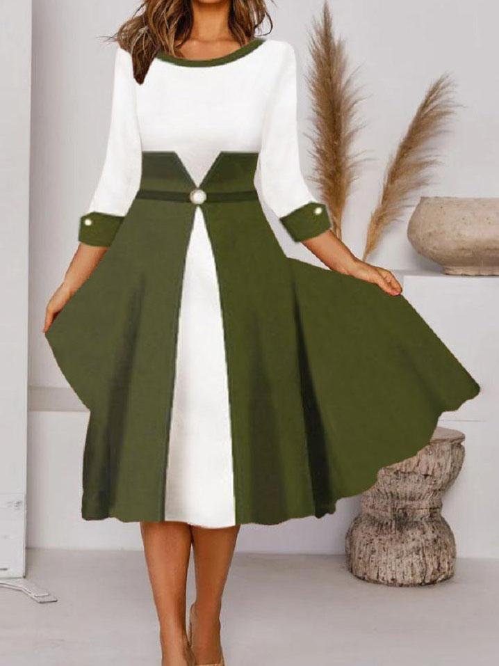 Women Long Sleeve Scoop Neck Printed Midi Dress