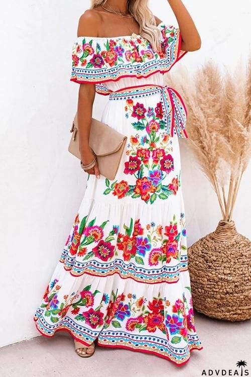 Gradient Off Shoulder Belted Maxi Dress