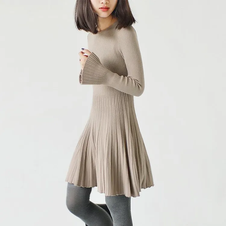 Cream pleated knit tunic dresses tunic elastic knit dress