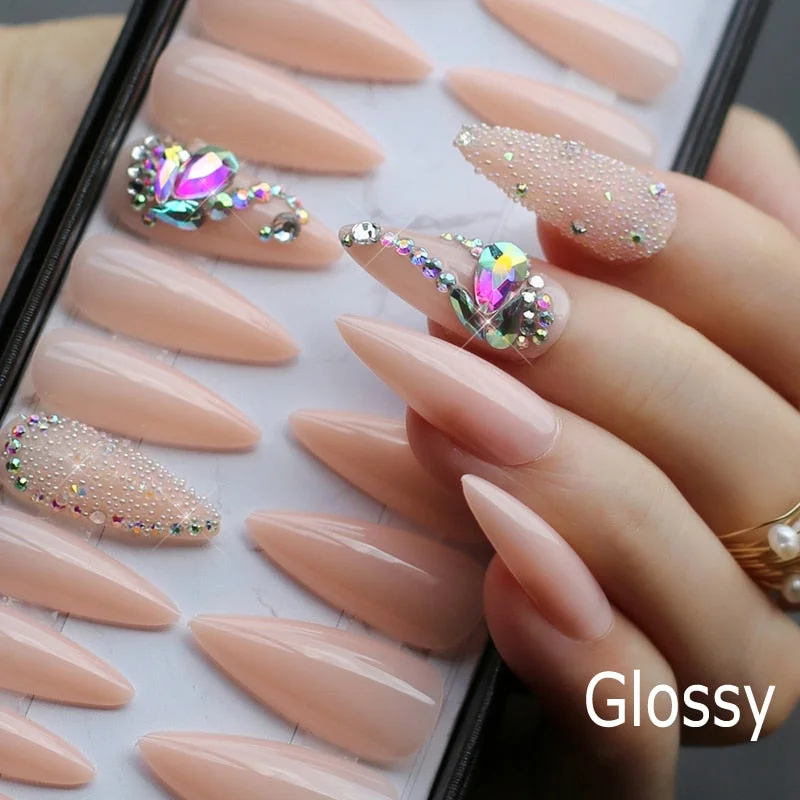Luxury crystal cute New design Glitter V french Almond Fake nails nude  Natural False nails with box press on nails-Nail Inspo