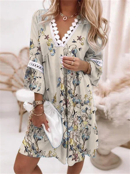 Women's Long Sleeve V-neck Floral Printed Midi Dress