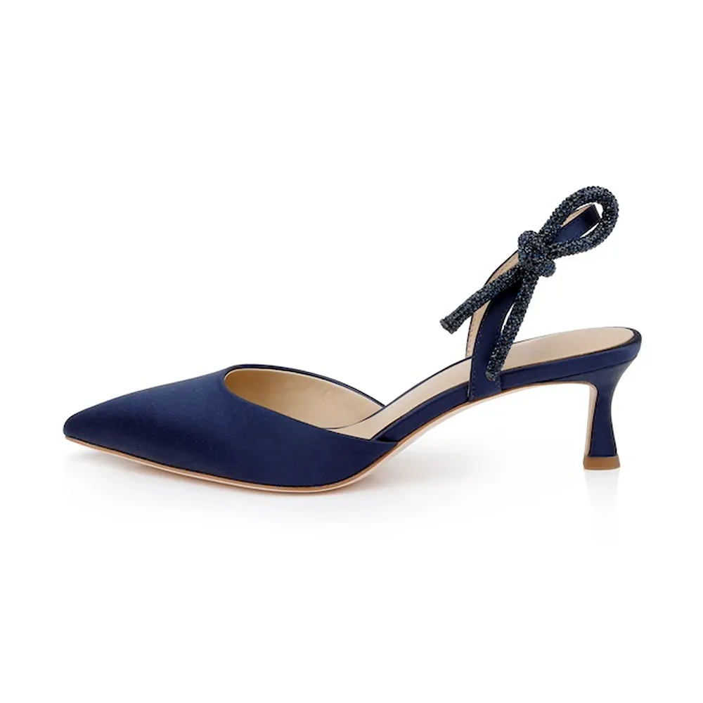 Navy Satin Slingback Low Heel Pumps with Crystal Draped Bow